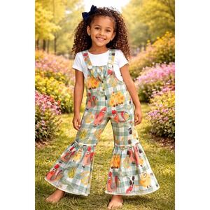 Toddler Girls Farm Animal Gingham Bell Bottom Suspender Pants